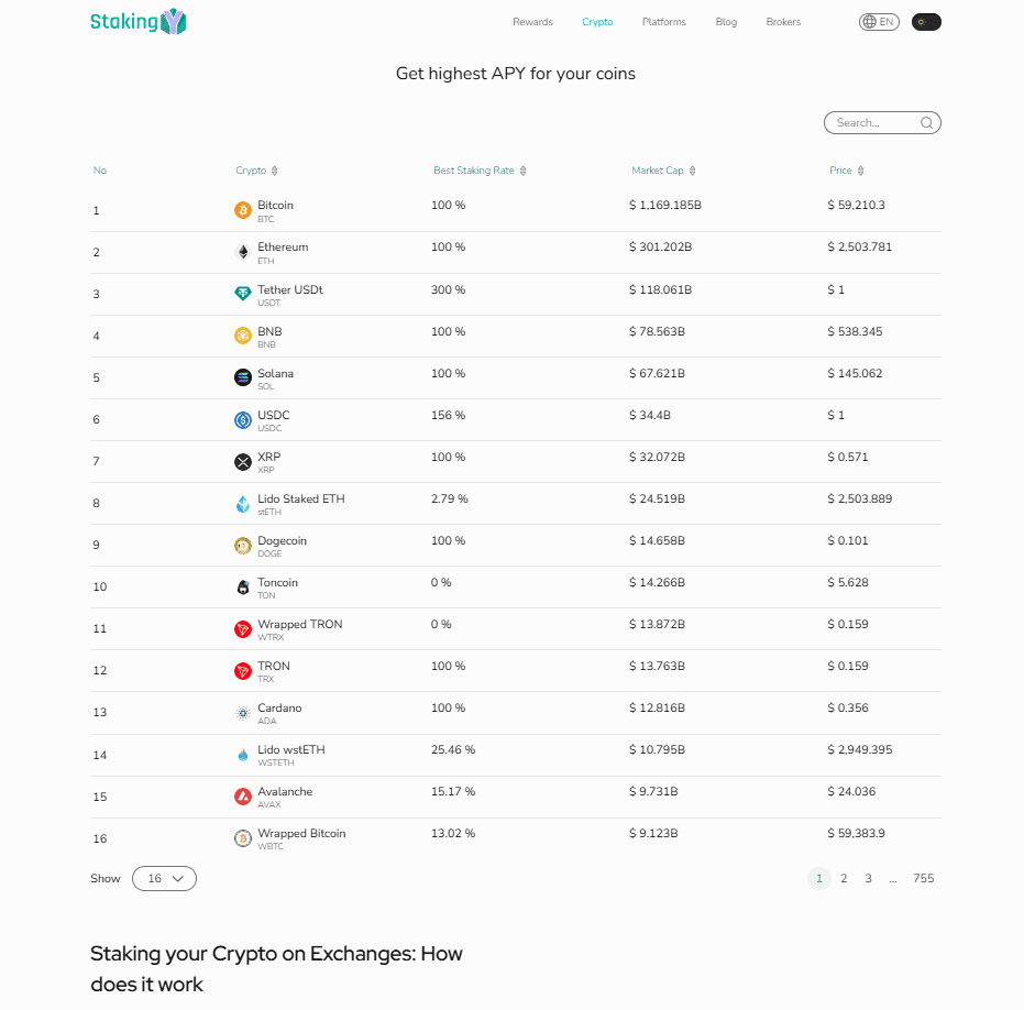StakingY platform functionality interface showing staking options and comparison tools